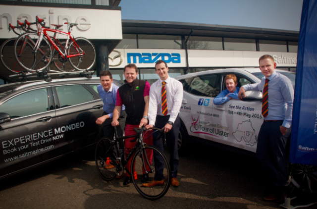 From left, Garry Nugent of BGN Management, Neil O'Brien, of AmberGreen Energy, Gareth Morrow, Robbie Silcock and Michael Salt of Saltmarine Cars at the launch of the official race vehicles.